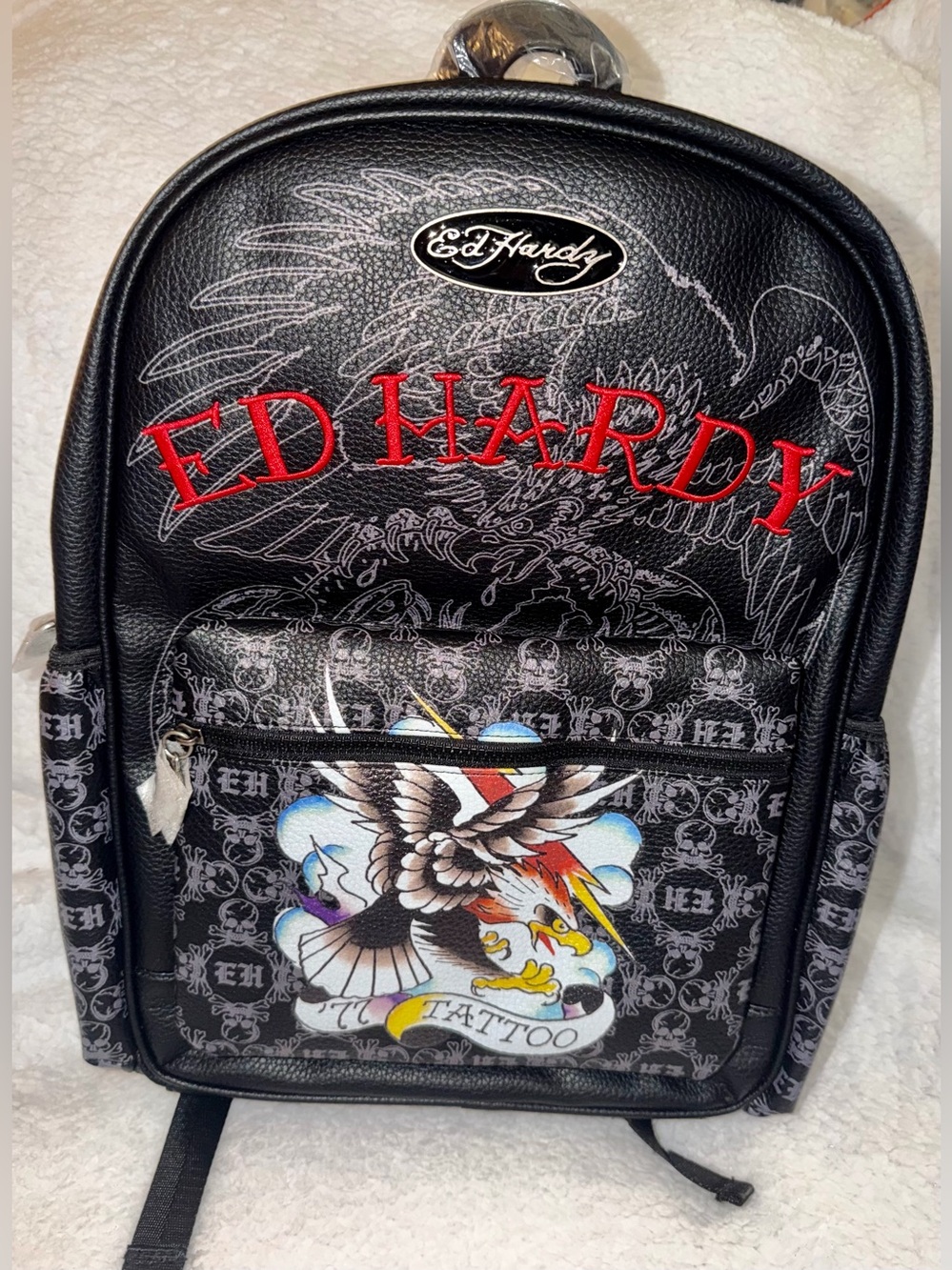 Ed Hardy Black Backpack with Red Logo and Multicolor Eagle Tattoo Print